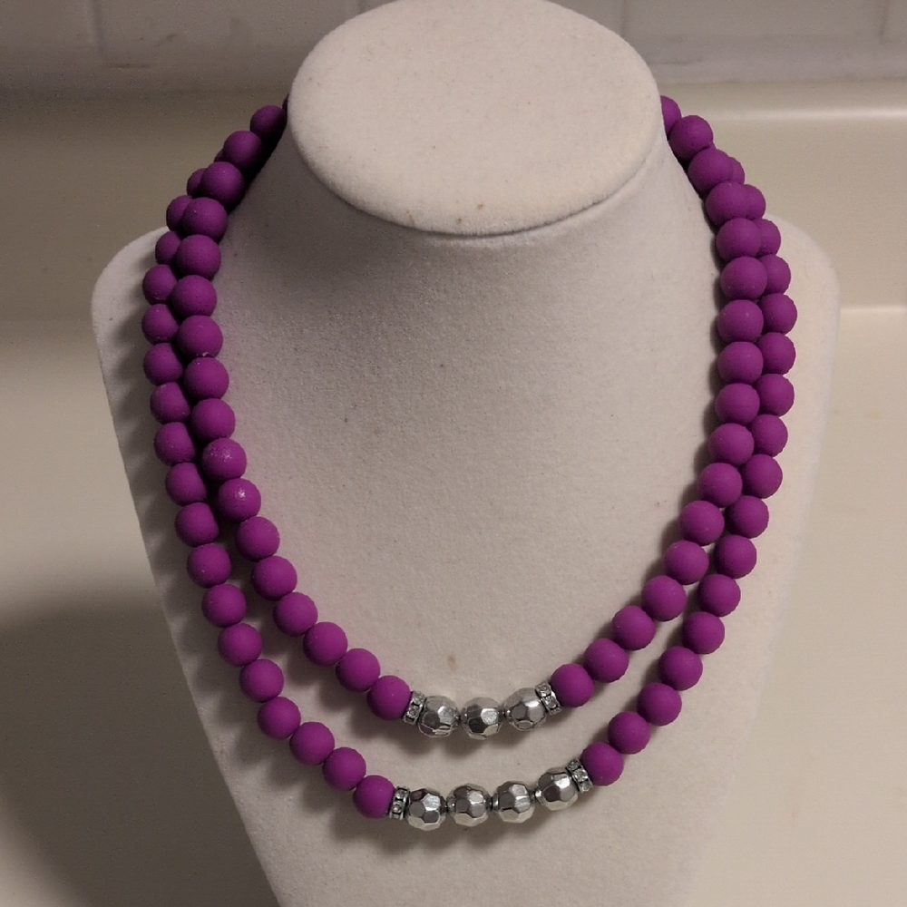 Purple Beaded Double Strand Costume Necklace with Silver Beaded Accents‎